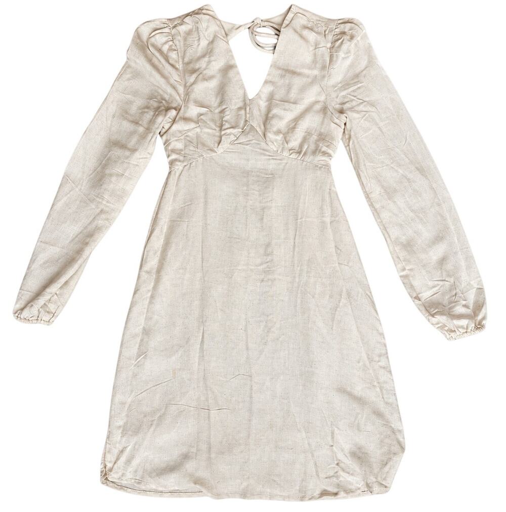 Beige Long Sleeve Dress Smocked Back Tie Keyhole Boho